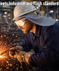 Worker wearing Flame Resistant FR Hard Hat Liner Sun Shade with Cotton Neck Protector, welding in industrial setting