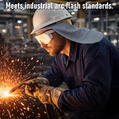 Worker wearing Flame Resistant FR Hard Hat Liner Sun Shade with Cotton Neck Protector, welding in industrial setting