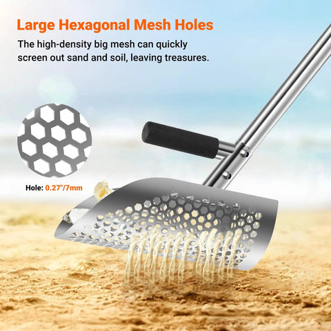 Long Handle Sand Scoop With Shovel For Metal Detecting At The Beach Heavy Duty Stainless Steel Beach Digging Tool With Fast Sifting Treasure Finds Scoop For Metal Detectors Durable Rust Proof Digging Shovel with hexagonal mesh holes on sandy beach.