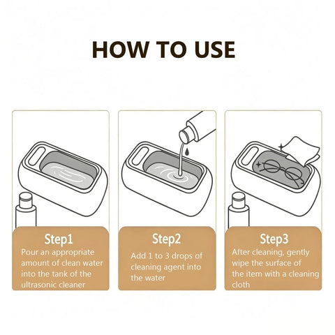 How to use Hype this 6.5L Digital Ultrasonic Cleaner: fill tank, add cleaning agent, wipe items after cleaning.