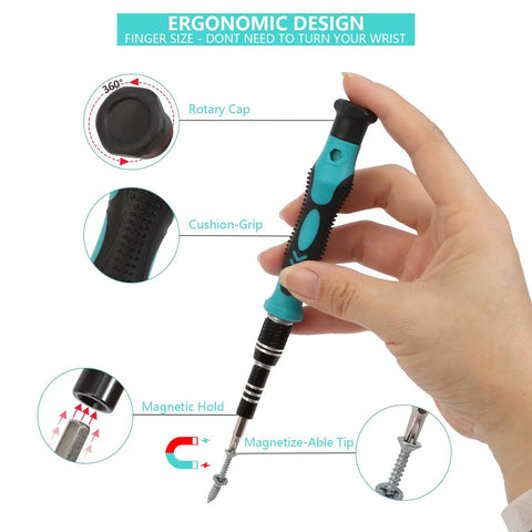 Hand holding Magnetic 138 In 1 Precision Screwdriver Kit for Electronics with ergonomic design and magnetic tip