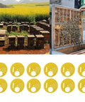 Beekeeping Entrance Gate Set for Nuc Boxes, 12 Pack Plastic Beehive Gates shown with yellow gates and bee-filled hives