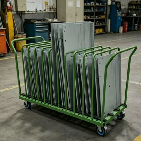Rock Solid Shop Beast Steel Cart For Hauling Sheet Metal Plastic Glass And Wood Panels With Scratch Free Multi Slot Rack System And No Sweat Smooth Roll Wheels loaded with flat metal sheets.