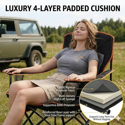 Woman relaxing on Oversized Padded Camping Chair Two Pack Heavy Duty Quad Chair with Lumbar Support outdoor setting.