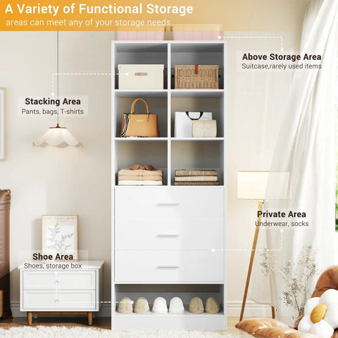 Closet System Organizer With 6 Cube Compartments And 3 Drawers Freestanding Wardrobe Module With Shoe Shelf in white room