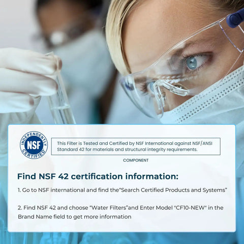 Scientist examining water filter with text about NSF 42 certification for LT1000PC Replacement Water Filter 3 Pack.