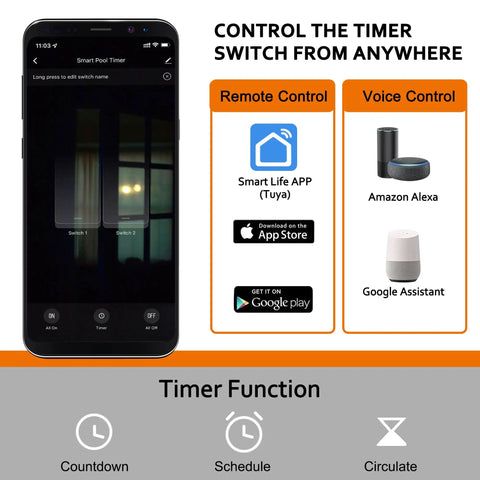 Smartphone showing Beast Dual WiFi Pool Timer app with control options for Smart Life, Alexa, and Google Assistant.