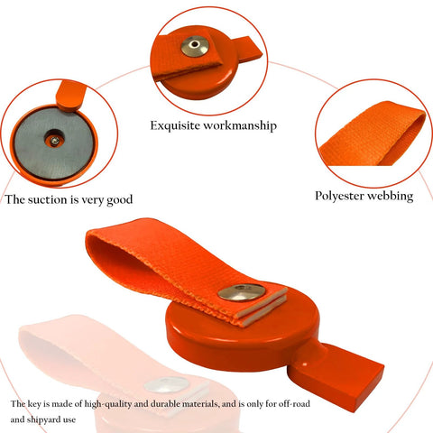 Surge brake lockout key, orange with fabric strap and magnet, front view for boat trailer surge brakes