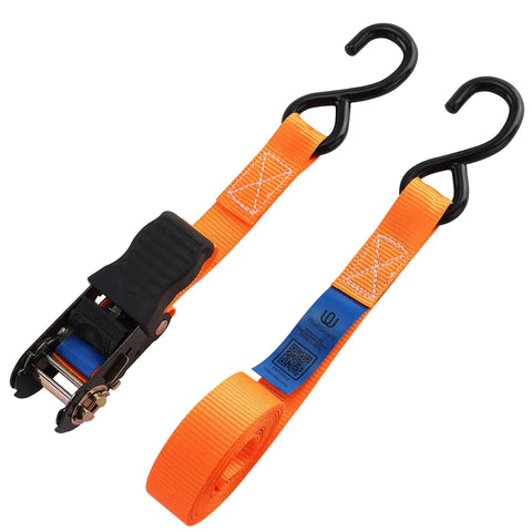 Built Tough As Nails Heavy Duty Ratchet Straps Packing 2000 Lb Break Strength Sized At One Inch By Thirteen Feet with S Hooks.