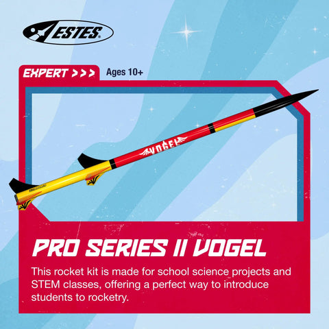 Vogel Pro Series II Expert Two-Stage Model Rocket Kit For Serious Rocketeers in packaging with vibrant design decals.