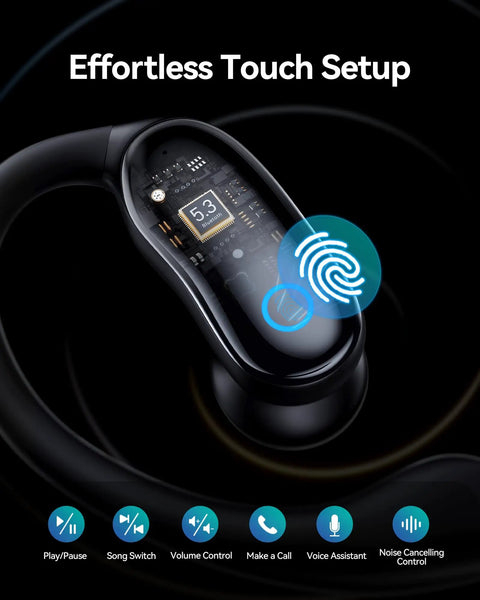 Effortless touch setup on Active Noise Cancelling Wireless Earbuds With Earhooks 96 Hours Playback Dual Battery Display Bluetooth.