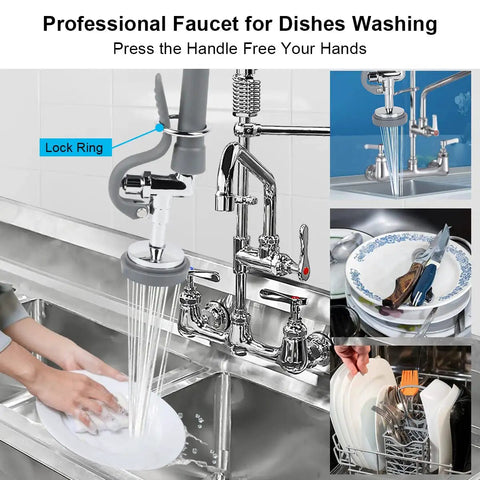 Pro Grade Commercial Sink Sprayer Kit With 45 Inch Flexible Stainless Steel Hose, showing water flow into a sink, gray finish