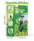Toddler Golf Club Set For Little Legends Ages One To Four Featuring Retractable Mini Drivers Safe Chunky Plastic Balls Plus Portable Carry Bag Perfect Sweet Deal Playtime Gear For Boys Or Girls In Green displayed in gift box with size details.