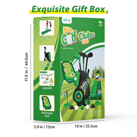 Toddler Golf Club Set For Little Legends Ages One To Four Featuring Retractable Mini Drivers Safe Chunky Plastic Balls Plus Portable Carry Bag Perfect Sweet Deal Playtime Gear For Boys Or Girls In Green displayed in gift box with size details.