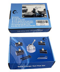 Two blue boxes of JWGJW mini lathe quick-change tool post set; front view shows tool post, holders, bolts and hex keys