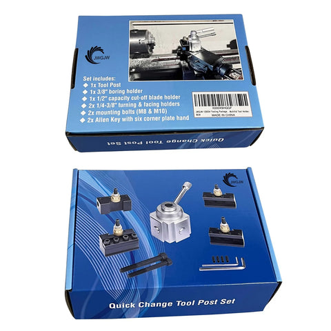 Two blue boxes of JWGJW mini lathe quick-change tool post set; front view shows tool post, holders, bolts and hex keys
