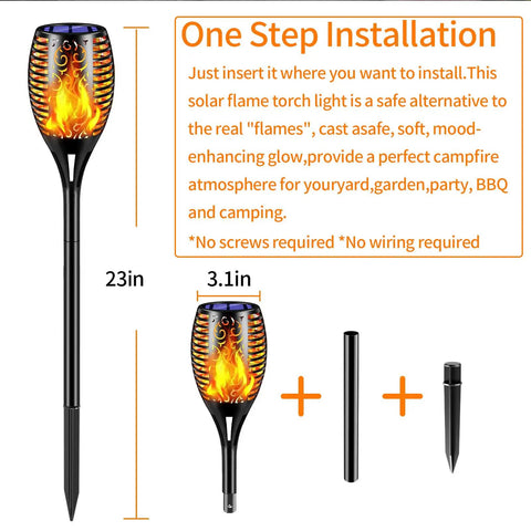 Six Pack Solar Torch Lights With Realistic Flickering Flame showing assembly components and installation instructions.