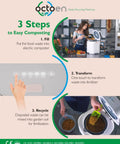 Image showing 3 steps of composting with a 3L Electric Kitchen Composter With UV C Light Sanitizer And Auto Cleaning on a countertop.