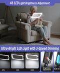Woman using Big Floor Magnifying Glass With Light And Stand 48 LED Lighted Adjustable Height Floor Magnifier Lamp with gooseneck in living room