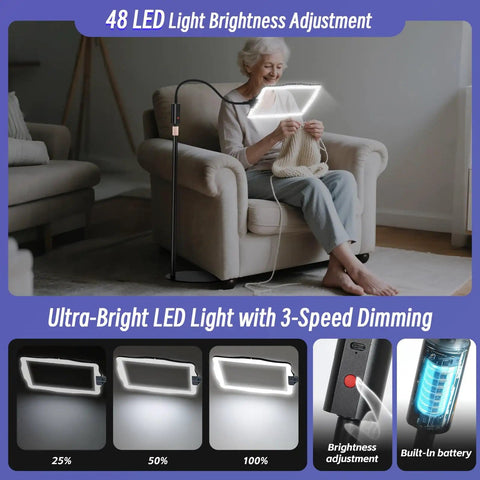 Woman using Big Floor Magnifying Glass With Light And Stand 48 LED Lighted Adjustable Height Floor Magnifier Lamp with gooseneck in living room