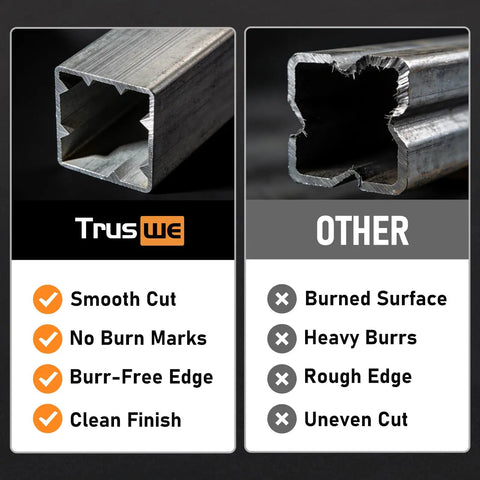 Comparison of cut quality between TruSw and other metal cut, highlighting smooth and burr-free edges on Ultra Thin 4 1/2 Inch Cut Off Wheel Pack For Metal And Stainless Steel Grinding On Angle Grinders 0.045 Inch Thick, 13,300 RPM, Seven Eighths Inch Arbor, 50 Pack For Fast Burr Free Precise Cutting And Minimal Material Loss.