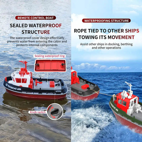 RC Tugboat For Adults 1 To 72 Scale Electric Remote Control Boat With 2.4 GHz Controller showing waterproof structure and rope detail