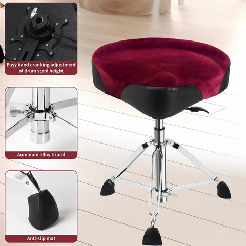 Hydraulic Saddle Drum Throne Dope Comfort For Adults, Heavy Duty Height Adjustable Suede Seat, Motorcycle Style Drum Stool With Black PU Leather, Dark Red Brown, tripod base
