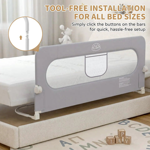 Toddler Bed Rail Guard, 47 Inch Foldable Bed Rail For Baby, Reinforced Carbon Steel Frame setup on bed with toys