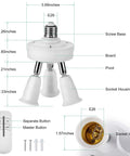 Dimensions of Remote Control 3 In 1 Light Socket Splitter E26 E27 Adapter with remote; 360 Rotation, 180 Bend; parts labeled.