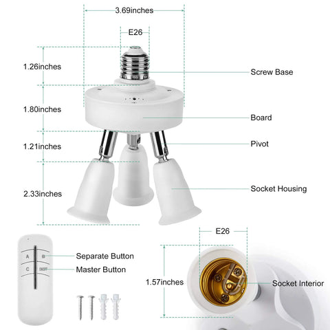 Dimensions of Remote Control 3 In 1 Light Socket Splitter E26 E27 Adapter with remote; 360 Rotation, 180 Bend; parts labeled.