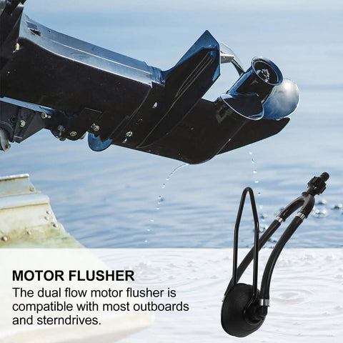Close-up of Dual Tube Outboard Engine Flusher For Boats And Yachts, Dockside Pro Grade Marine Motor Cleaner with quick connect hose.