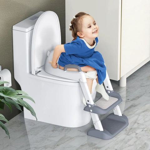 No Stress Toddler Potty Training Seat With Built In Step Stool Ladder And Heavy Duty Safety Handles Real Game Changer Featuring Super Adjustable Height Settings And Quick Fold Flat Storage In Modern Grey