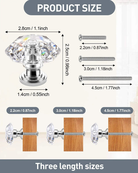 20 Pack Acrylic Drawer Cabinet Knobs Pulls With Three Size Screws Diamond Shaped Crystal Glass 28mm Dresser Handles