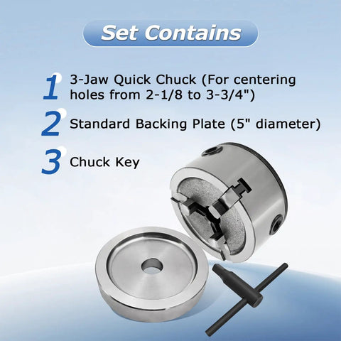 Beefy 3-Jaw Quick Chuck Adapter Set for 1 Inch Arbor Brake Lathes with components including backing plate and chuck key