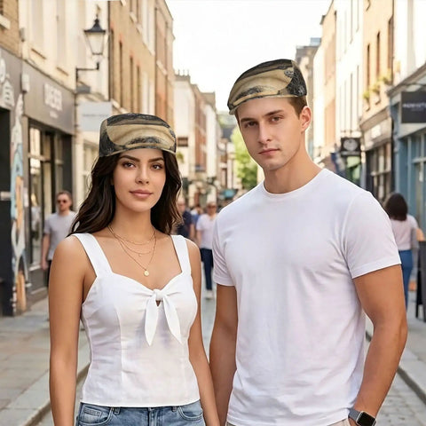Couple wearing Cool Custom Fit All Over Print Newsboy Cap With Adjustable Twill Buckle And Soft Sweatband for sun protection.
