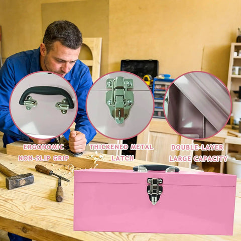Pink 16 Inch Metal Tool Box with Drawer Organizer in workshop setting, highlighting ergonomic handle, durable latch, and capacity.