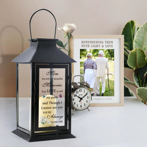 Memorial Lantern For Loss Of A Loved One, Bereavement Gift In Memory Of Mom Or Dad beside remembrance photo and clock