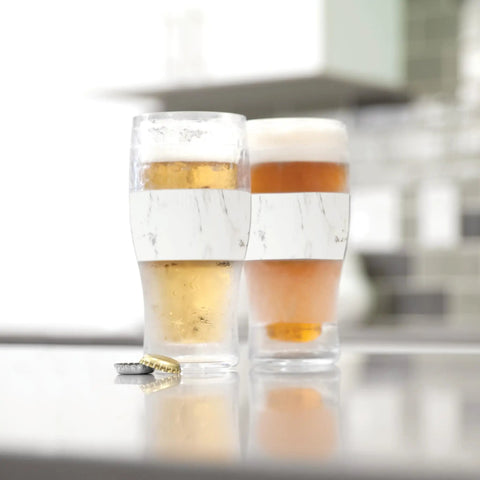Freezable Insulated Pint Mugs Set Of 2 Double Walled Frosty Drink Glasses With Gel Core Keeps Beer And Cold Brew Icy Longer 16 Oz Marble Chilled Beverage Tumblers, showcasing frosty beers.
