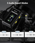 Pro Grade Wireless Lavalier Mic Set With Dual Transmitters And Receiver, camera interface showcasing audio export modes.