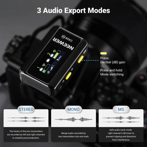 Pro Grade Wireless Lavalier Mic Set With Dual Transmitters And Receiver, camera interface showcasing audio export modes.