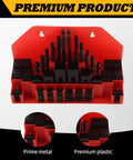 Heavy Duty Hold Down Clamp Kit For Milling CNC, 58 Pcs, Fits 7/16 T-Slot And 3/8-16 Studs in red plastic organizer