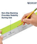 Pro Grade Stainless Steel Ruler With Zero Center Scale And Non Slip Cork Backing For Drafting Design held on green paper