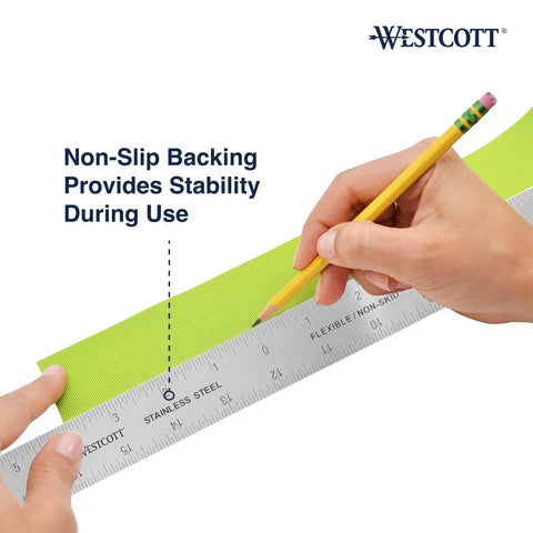 Pro Grade Stainless Steel Ruler With Zero Center Scale And Non Slip Cork Backing For Drafting Design held on green paper