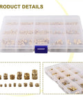 Brass Threaded Inserts Kit For 3D Printing, 300Pcs M2 To M6 And 1/4-20 in plastic case, knurled heat set bushings visible.