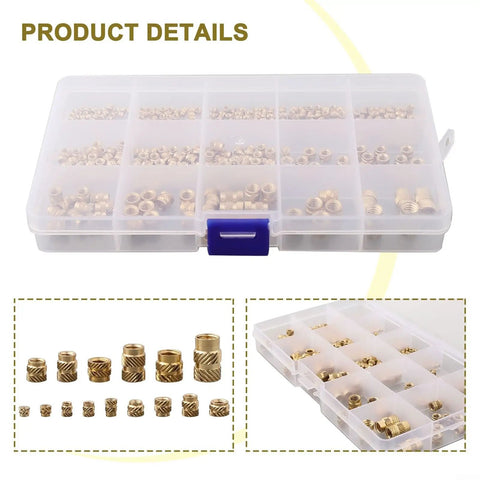 Brass Threaded Inserts Kit For 3D Printing, 300Pcs M2 To M6 And 1/4-20 in plastic case, knurled heat set bushings visible.