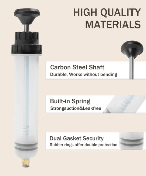Heavy Duty Auto Fluid Extractor Pump With Non Drip Silicone Tubes For Slick Power Steering And Brake Oil Transfer Zero Mess showing durable carbon steel shaft and dual gasket security features.