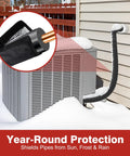 Outdoor AC unit with upgraded three layer HVAC copper pipe insulation cover for outdoor AC lines wrap, shown in snowy conditions.