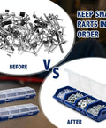 Comparison showing before and after using Six Pack Screw Organizer Boxes With Lids, Four Compartments Each, Plastic Stackable Hardware Organizer For Small Parts Sorting, Garage Workbench And Craft Storage, Blue.