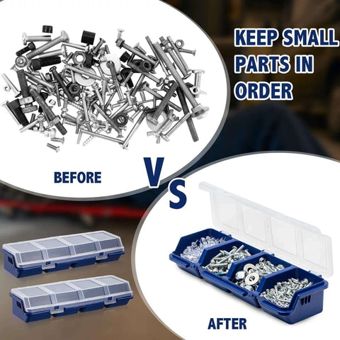 Comparison showing before and after using Six Pack Screw Organizer Boxes With Lids, Four Compartments Each, Plastic Stackable Hardware Organizer For Small Parts Sorting, Garage Workbench And Craft Storage, Blue.