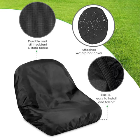 Universal Lawn Mower Seat Cover For EGO Power Plus ZT5207L shown with waterproof Oxford fabric close-ups